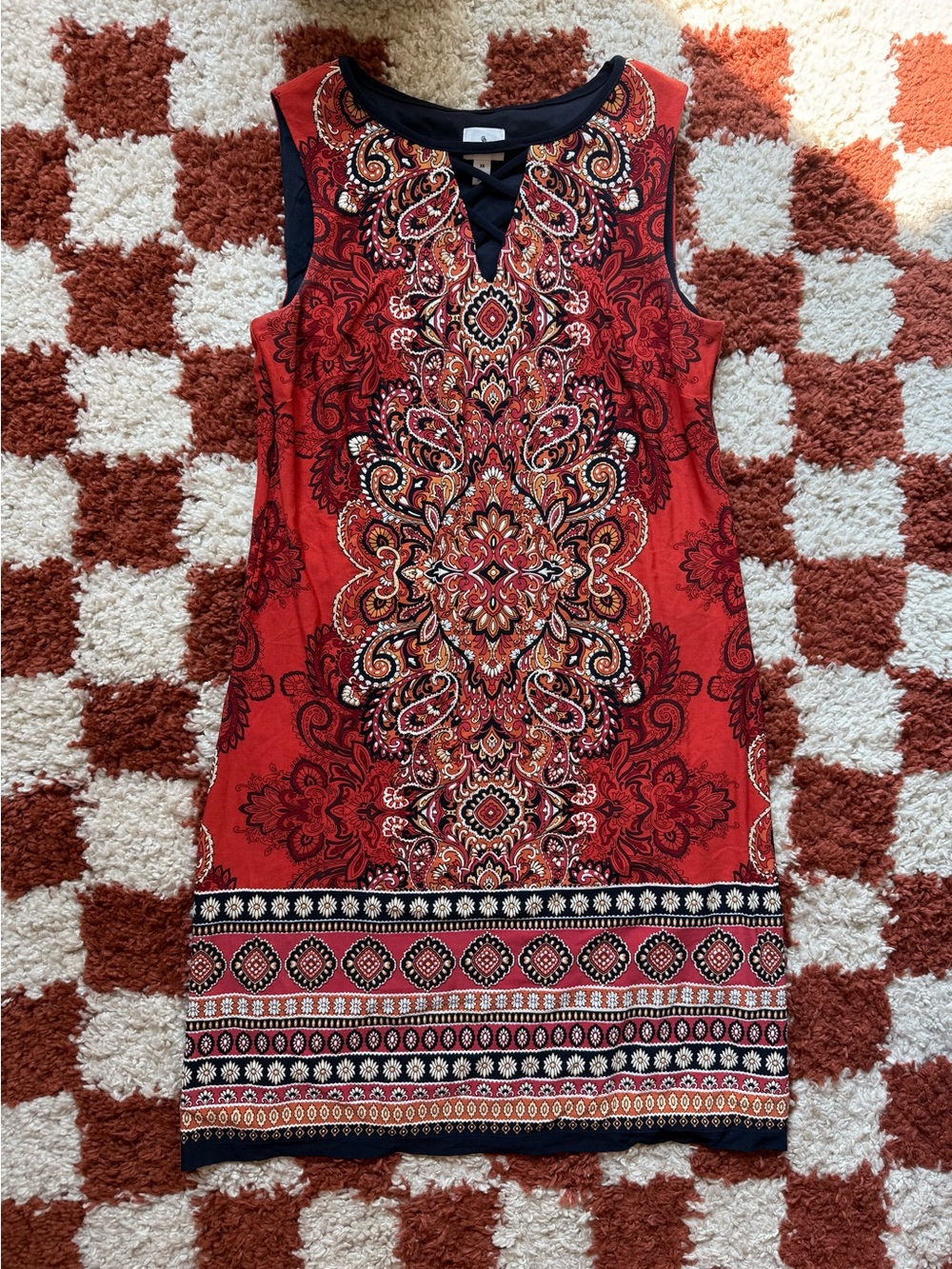 Dressbarn Orange Paisley Boho Lattice Neck Sleeveless Shift Dress